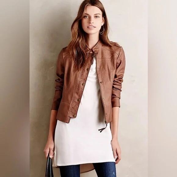 HEI HEI by ANTHROPOLOGIE Brown Vegan Leather Bomber‎ Jacket Size Small - Picture 1 of 16